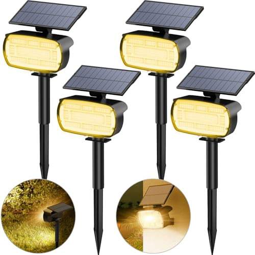 Solarlampen für Außen, 4 Stück 136 LED Solarstrahler für Außen mit Einstellbare Panel, 3000K Warmweiß Solar Gartenleuchten, IP65 Wasserdicht, 3 Helligkeitsmodi Solarleuchten für Garten Weg Hof Garage