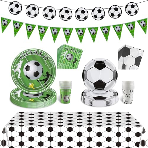 WenmthG Fußball Party Deko Partygeschirr Set, Fußball Tischdecke, Fußball Pappbecher, Fußball Pappbecher, Fußball Servietten, 7 und 9 Zoll Fußball Pappteller, Fußball und Dreieckige Wimpelkette