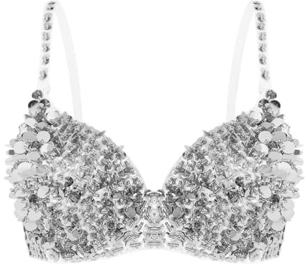 Miutii Damen Glitzer Pailletten BH Glänzend Crop Top Bauchtanz Oberteile Trägertop Musik Festival Nachtclub Tanz Party Tops Silber L