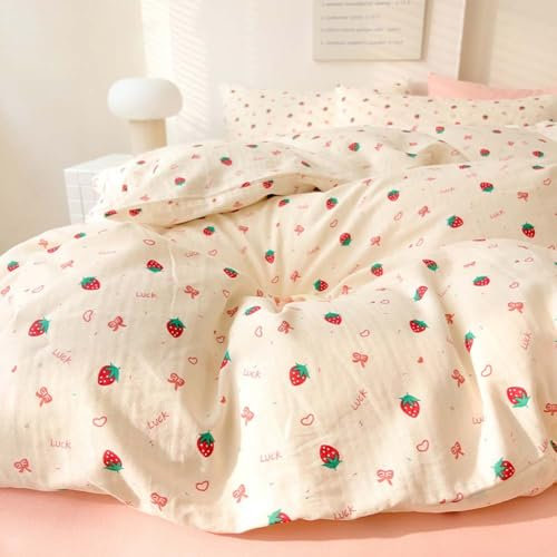 Nyescasa Bettwäsche 155x220 Rot Erdbeeren Herz Bettwäsche Mädchen Kinder Weich Mikrofaser Wendebettwäsche Set mit Reißverschluss und Kissenbezug 80x80cm