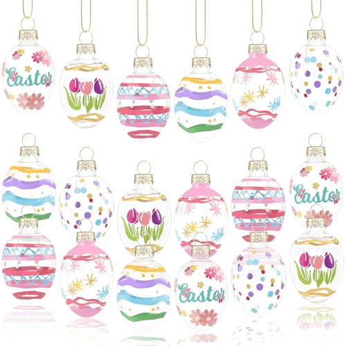 Songjum 18 Stück Glas Osterei Ornamente zum Aufhängen Farbige Künstliche Ostereier mit Schönen Mustern und Multi-Style Ostern Ostereier Deko für Osterparty Dekoration Frühling Heimdekoration