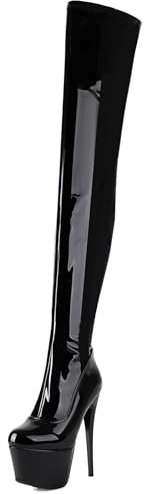 Gicoiz Damen Stiletto Runde Zehen Plateau Thigh Mittelhohe Stiefel Ohne Verschluss Winter Stylish Overknees Abend Party Overknees Stiefel Stretch Schwarz-Lack Gr 41 EU-43Cn