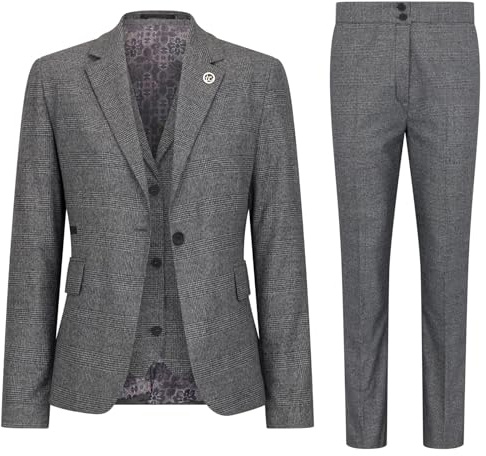 Women's Suit 3 Piece Grey Prince of Wales Check Tailored Fit Business Formal Ladies Dress