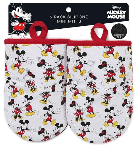 Disney Ofenhandschuhe – 14 x 19 cm hitzebeständige Mini-Ofenhandschuhe mit rutschfestem, bedrucktem Silikon, Disney-Silhouetten, Topflappen für Küche, Mickey & Minnie, Stich, Winnie Puuh
