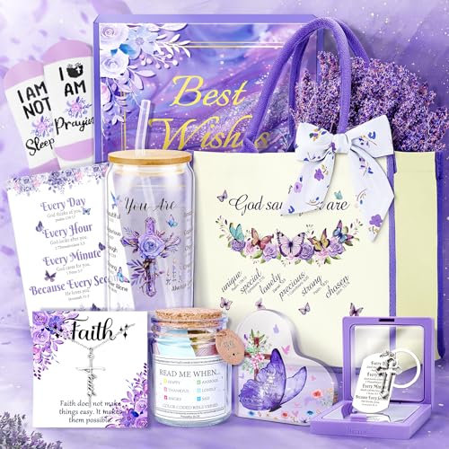 11pcs Christian Gifts for Women Tumblers Sets for Women Inspirational Gift Religious Gifts Spiritual Present, Bible Verse Jar Canvas Bag Acrylic Butterfly Plaque Get Well Soon Gift for Ladies