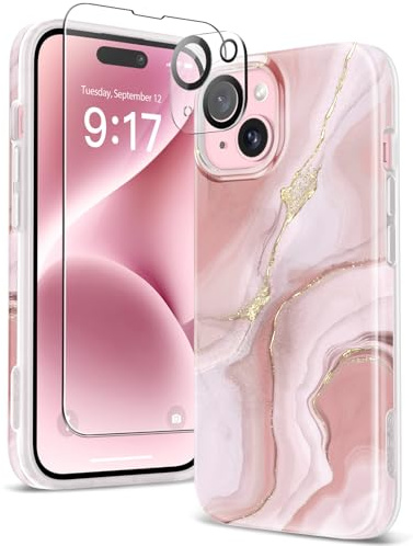 GVIEWIN Kompatibel mit iPhone 15 Hülle 6,1 2023,mit Schutzfolie+Kameraschutz, [Militärischer Schutz]Anti-Gelb Glitzer Marmor Muster TPU Dünn Stoßfest Kratzfest Schutzhülle Handyhülle (Rhodonit/Rosa)