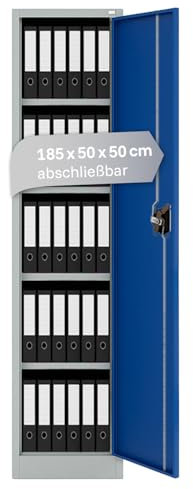 LagerZwei Mehrzweckschrank 185x50x50cm I Metallschrank, 4 Fachböden I Aktenschrank abschließbar I Robuster Allzweckschrank als Spind, Werkstattschrank & Kellerschrank I Stahlschrank blau-weiß