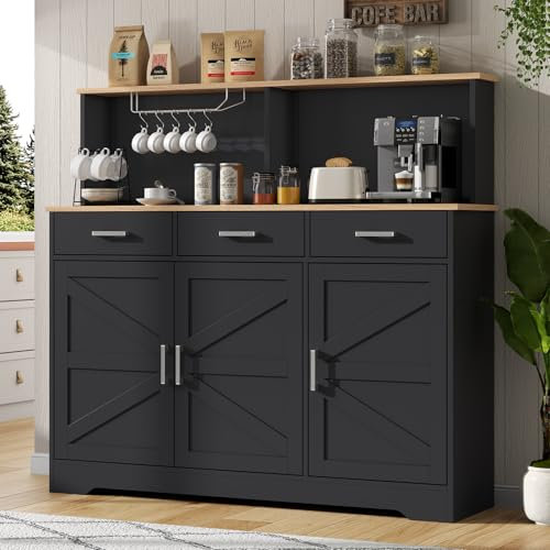 Gyfimoie Sideboard, Küchenschrank mit 3 Schubladen und 3 Türen – 120 cm großer Doppelschicht-Buffetschrank mit Arbeitsplatte, Moderne Anrichte für Wein & Kaffee, für Esszimmer, Wohnzimmer (Schwarz)