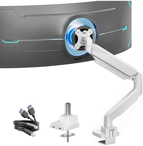 ARES WING Support de moniteur avec USB A/C pour écran plat incurvé de 17 à 49, support d'écran réglable en hauteur, charge maximale du bras de moniteur, 18 kg, support Vesa, support de table 75/100
