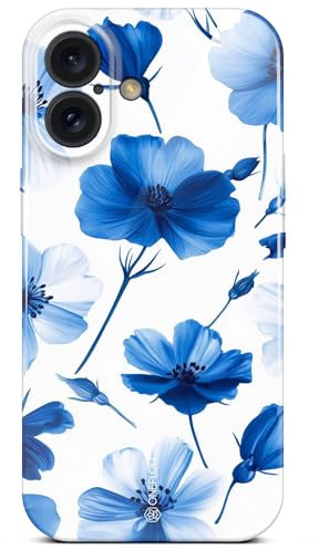 ONEFLOW Flower Cover für iPhone 16 Hülle in Floral Optik, Blumen Designer Case Handy Schutzhülle mit Kameraschutz, Hardcase dünne Handyhülle Blumenmuster, Blau Weiß