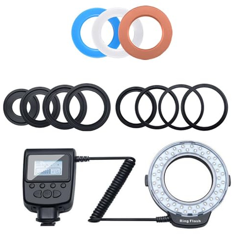 Professionelle Makro-Ringe Blitzlicht mit LCD-Controller, 7 Helligkeitsmodi und 8 Adaptern für DSLR-Kamera-Fotografie-Enthusiasten, ABS-Makro mit LCD-Display