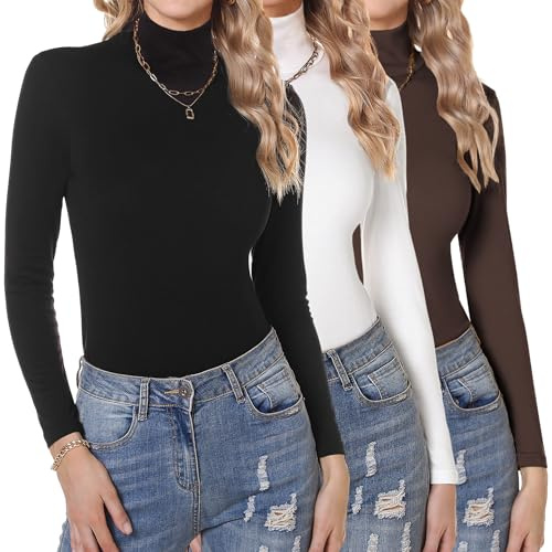 Aottori 3er Pack Langarmshirt Damen Rollkragen Slim Fit Stretch | Rollkragenshirt Set, Oberteile Langarm, Basic Tops, Casual, Einfarbig, Herbst Winter, für Alltag Freizeit Büro