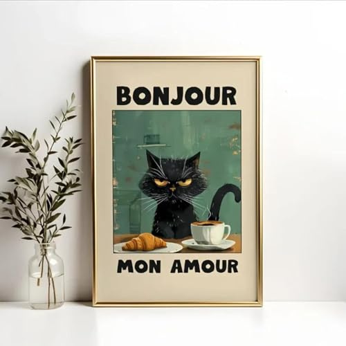 1 Stück Le Chat Noir Poster Drucke Grün Bonjour Mon Amour Schwarze Katze Frühstück Moderne Leinwand Malerei Wand Kunst Home Decor 60X90Cm Kein Rahmen