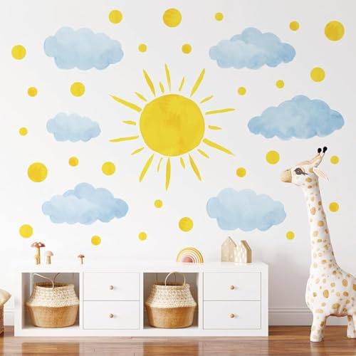 SHUCHING XXL Wandtattoo Sonne Aquarell | Wandsticker Sonnenschein und Wolken, Selbstklebend Wandaufkleber für Wohnzimmer Kinderzimmer Babyzimmer Spielzimmer