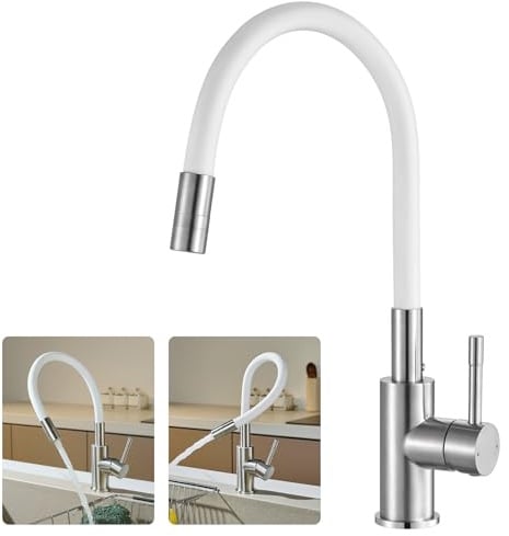 CECIPA Robinet de Cuisine Flexible, Mitigeur Cuisine Blanc Flexible Acier en Inoxydable 304, Mitigeur 2 Jets Mousse/Pulvérisation Pivotant 360°, Robinet d'Évier Haute Pression Économie d'Eau 40%