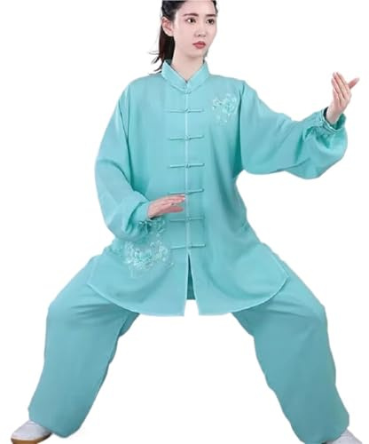 LVCHAO Ropa de Tai Chi de lino y algodón con bordado de flores, traje de artes marciales de Kung Fu, chaqueta deportiva, conjuntos de pantalones Para hombres y mujeres(Light Green,S)
