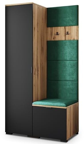 Masseno Flugarderoben Set Lori, Kleiderschrank-Set mit Sitzbank, Garderobenschrank Flur mit 3 Regalböden, Eiche Wotan/Schwarz