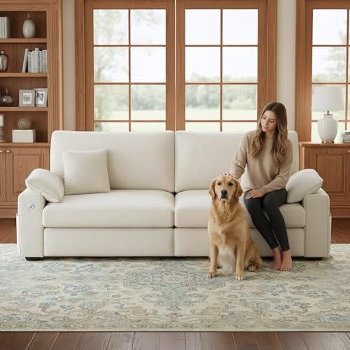 COLAMY 226 cm Loveseat Sofa, Cloud Foam Couch, 3-Sitzer gepolstertes Mid-Century-Modern Loveseat mit USB-C-Anschlüssen, 4 Kissen und Stauraumarmlehne für Wohnzimmer/kleine Räume, Beige