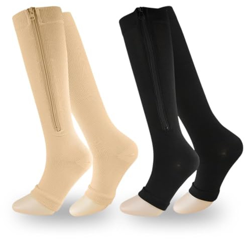 XFSRG 2 Paia Calze Compressione Graduata al Ginocchio a con Cerniera Gambaletti Elastici Graduata Calze Compressione Punta Aperta Supporto Quotidiano