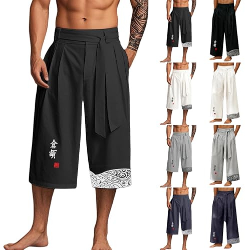 Générique Pantalon Homme Long et Court en Lin Style Japonais Traditionnel Pantalon Large Sarouel Hakama Harajuku Streetwear Taille