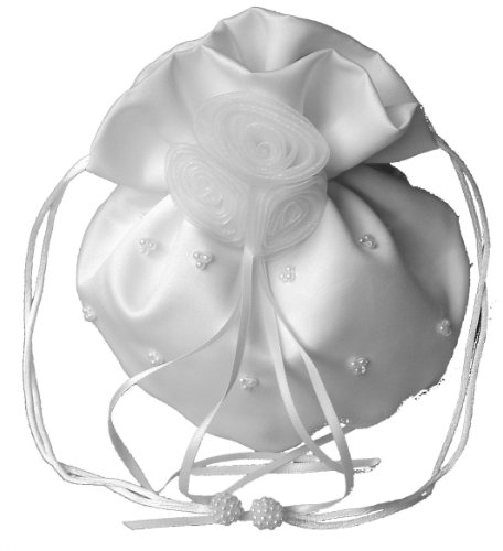 LadyMYP© Edeler Brautbeutel, Brauthandtasche mit Perlen & Organza-Blumen, Hochzeit, Kommunion, weiß/Ivory, ca. 16 * 22cm (Weiß)