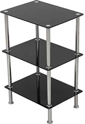 king MAHARA 3 Tier Chrome Effect Black Glass Shelving Unit - Tempered Safety Glass Shelves Max 5kg Each - Storage Unit W40cm x D30cm x H61cm - Bedroom Storage/Living Room Accessories/Home Accessories