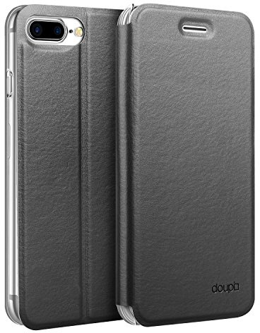 doupi Flip Case für iPhone 8 Plus / 7 Plus (5,5 Zoll), Deluxe Schutz Hülle mit Magnetischem Verschluss Cover Klappbar Book Style Handyhülle Aufstellbar Ständer, schwarz
