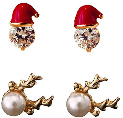 MAKFORT 2 Paar Damen Weihnachts Ohrringe Set Geweihe Weihnachtsmütze Ohrstecker Weihnachtsschmuck Geschenk Rot Perle
