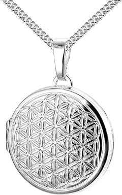 Medaillon Lebensblume teilmattiert verziert rund 925 Sterling Silber zum öffnen für Bildereinlage 2 Fotos Amulett Verzierung von Haus der Herzen® + Kette mit Schmuck-Etui