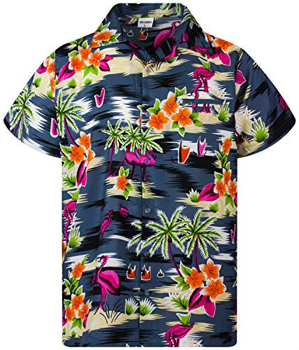 King Kameha Funky Hawaii-Hemd, Herren, Kurzarm, Flamingos, Schwarz, S