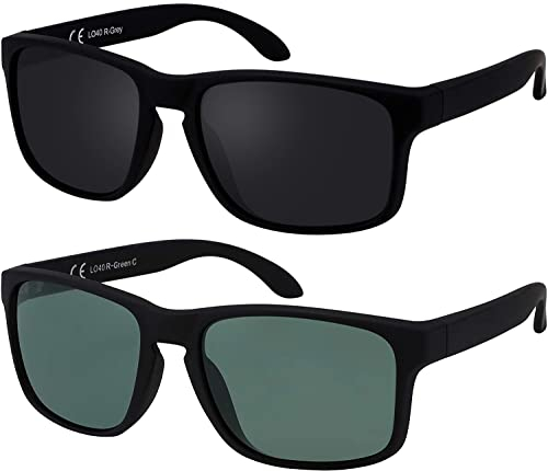 La Optica B.L.M. Sonnenbrille Herren UV400 Retro Sportbrille Fahrradbrille - Doppelpack Set Gummiert Schwarz (1 x Grau, 1 x Grün Klassisch)