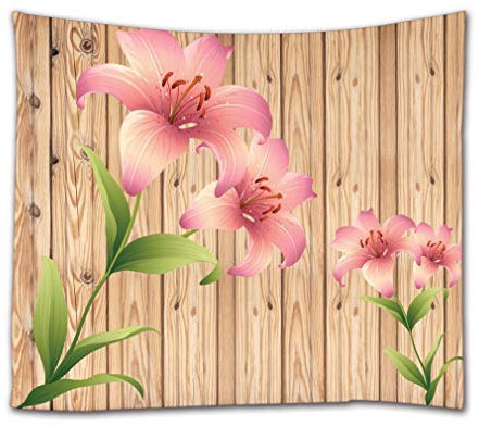 A.Monamour Tapisserie Murales Fond De Planches De Bois De Fleurs De Lys Rose Romantique Tissu Tenture Murale Mandala Décoration Murale pour Salon Chambre Dortoir