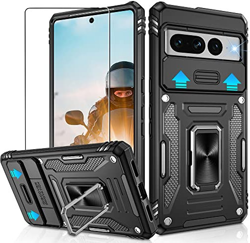 Jshru for Google Pixel 7 Pro Case with [Upgraded] Slide Camera Cover,Military Grade Shockproof Case with Ring Kickstand, Anti-Scratch Armour Phone Cover for Google Pixel 7 Pro,Black