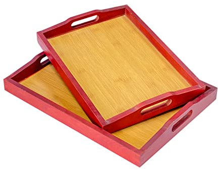 Bandejas de madera con asa, juego de 2 bandejas de bambú decorativas para servir de mesa (grande 16 x 11.7 x 1.9 pulgadas, pequeño 14 x 10.5 x 1.9 pulgadas)