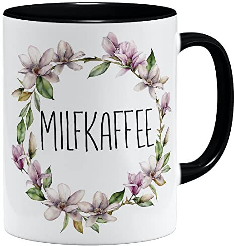 OM3® witzige Milfkaffee Milf Tasse mit Spruch | Keramik Becher | 11oz 325ml | Beidseitig Bedruckt | Schwarz