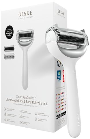 GESKE SmartAppGuided™ MicroNeedle Face & Body Roller | 8 in 1 | Derma Roller | Electric roller | Microneedling device | Needle roller | Beauty roller for face and body