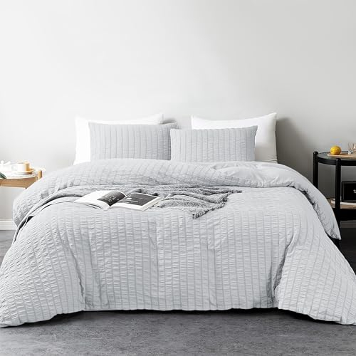 My home store Seersucker Grey Double Duvet Cover Set with 2 Pillowcases – Soft Breathable 3 Pcs Quilt Cover Polyester Cotton Bedding Set
