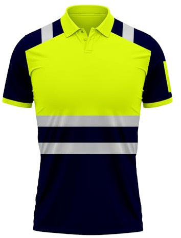 High Visibility Hi Vis Safety Work Wear Short Sleeve 2 Tone Contrast Polo Shirts Work Wear Top Shirts Yellow Navy