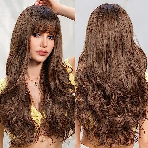 EMMOR Ombre Braun mit Highlight Perücken für Frauen Lange Lockige Perücken mit Pony Hitzebeständige Faser Synthetische Perücken Täglich Natürlich Aussehend