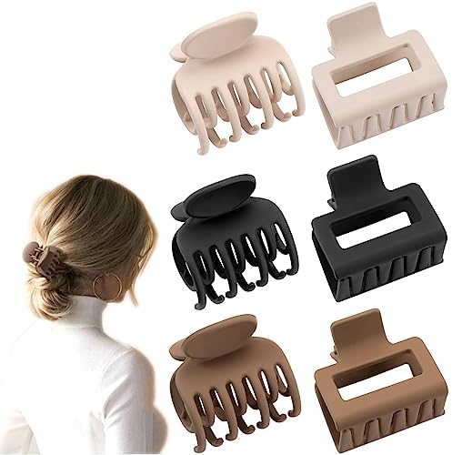 Kireida® 6 Stück kleine Quadrat Krallen-Haarspangen für Frauen, Zweireihige Zahnspangen für Dünnes/Mittelfeines Haar,Rutschfeste Krallen, Festes Haar(Beige, Braun, Schwarz)