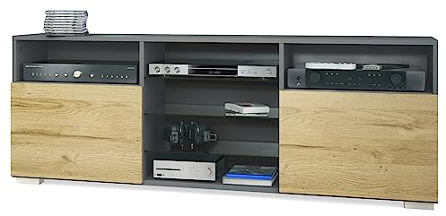 Vladon TV-Board Granada, Lowboard mit 2 Türen und 6 offenen Fächern, Korpus Anthrazit matt, Fronten in Eiche Natur (146 x 54 x 35 cm)