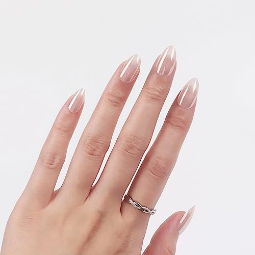 LADYING 24 Pièces Aurora Gel Amande Faux Ongles Court à Coller, Blanc Press on Ovale French ongles Motif,Brilliant Qualité avec Colle Pour Femme et Ado,UV Nail Art