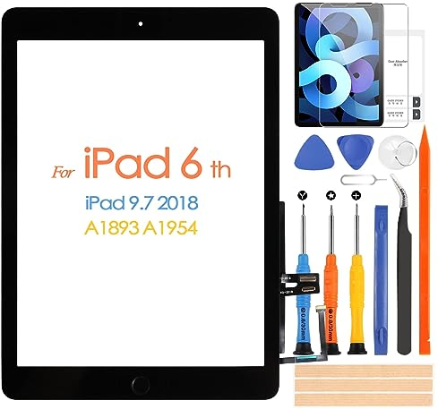 Écran tactile pour iPad 6 2018 9,7 A1893 A1954 avec bouton d'accueil en verre pour iPad 6 2018 9,7 Digitizer Écran Panneau Verre avec Film Trempé Gratuit,Réparation Kit (Non LCD Affichage,Noir)