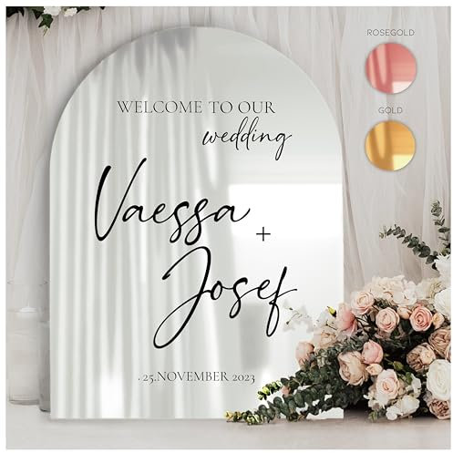 Manschin-Laserdesign Willkommensschild Acrylglas Spiegel personalisiert in veschiedenen Farben - Made in Germany - Welcome Willkommen Schild für Hochzeit (90x60cm, Silber)