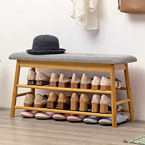 ASHILD Schuhregal Mit Sitzbank, Schuhregal Mit 2 Ablagen,90x27x44 cm, Schuhregal Mit Stauraum Unter Der Sitzfläche, Für Flur, Wohnzimmer, Schlafzimmer - Braun