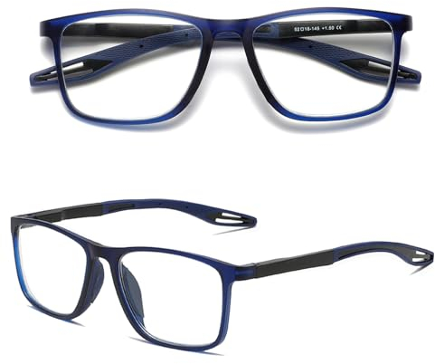 Hubeye TR90 Sports Reading Glasses for Men and Women Square Comfortable Flexible Blue Light Blocking Computer Reader (Blue, 1.75)