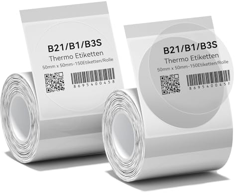 2 x Etiketten Kompatibel mit NIIMBOT B1 B21 B3S Etikettendrucker, 50 x 50mm Etikettierpapier, Schwarzer Druck auf Weißem Etikettierpapier, 150 Etiketten/Pro Rolle (Transparent, Runden)