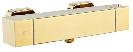 HomeLava Duscharmatur mit Thermostat, Aufputz Mischbatterie Dusche mit 38 °C Sicherheitsstopp Thermostatisches Brausebatterie, Quadrat Duschthermostat für Badezimmer und Wanne, Gold