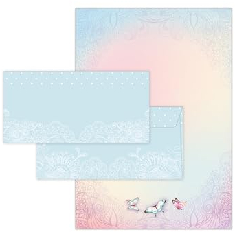 Briefpapier-Set 25 Motivpapier DIN A4 + 25 Kuverts DIN-lang haftklebend Motiv Schmetterlinge beidseitig beschriftbar und bedruckbar für Geburtstag Jubiläum Hochzeit Menükarte Dank Geschenk