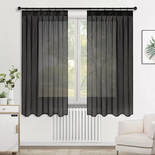 MRTREES Stores Gardinen mit Kräuselband Vorhänge Schwarz 160cm lang 140cm breit 2er Set Vorhang transparent Gardine kurz Vorhang kräuselband für Wohnzimmer Schlafzimmer küche und kinderzimmer